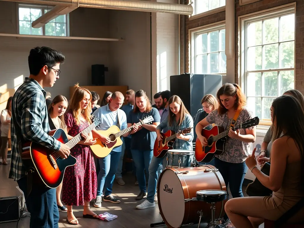 A vibrant photograph capturing a music workshop session, where participants are actively engaged in learning and creating music under the guidance of experienced instructors.