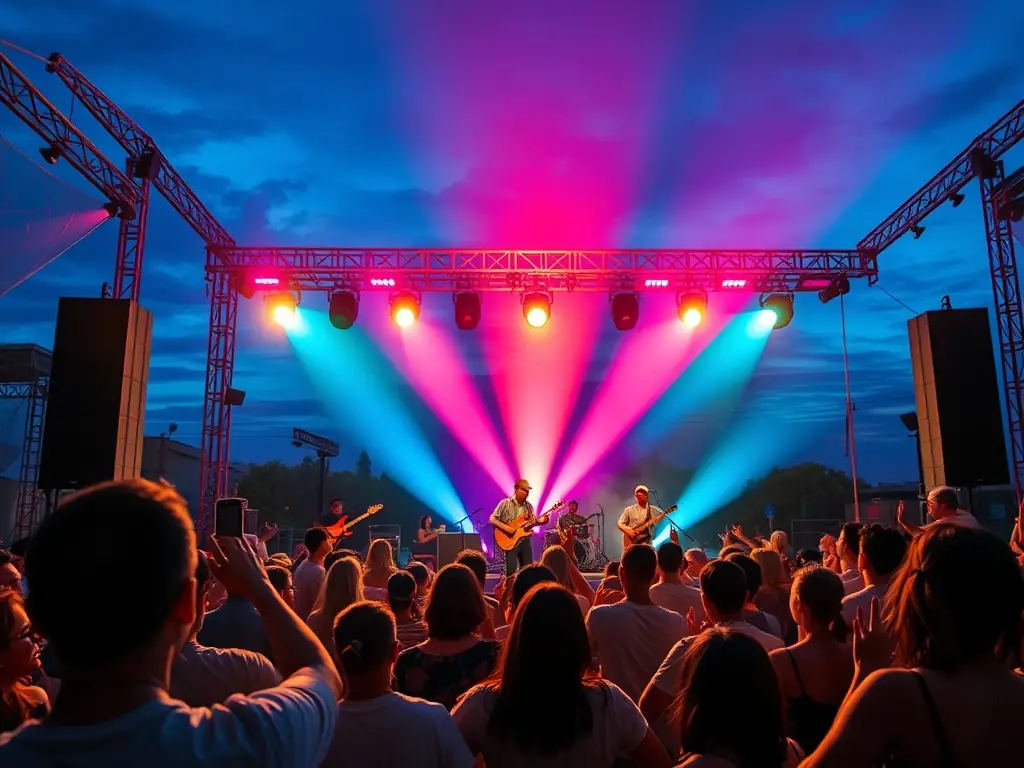A vibrant image showcasing a live music performance organized by HOLD INSIDE, featuring local musicians and a diverse audience, capturing the energy and community spirit of the event.