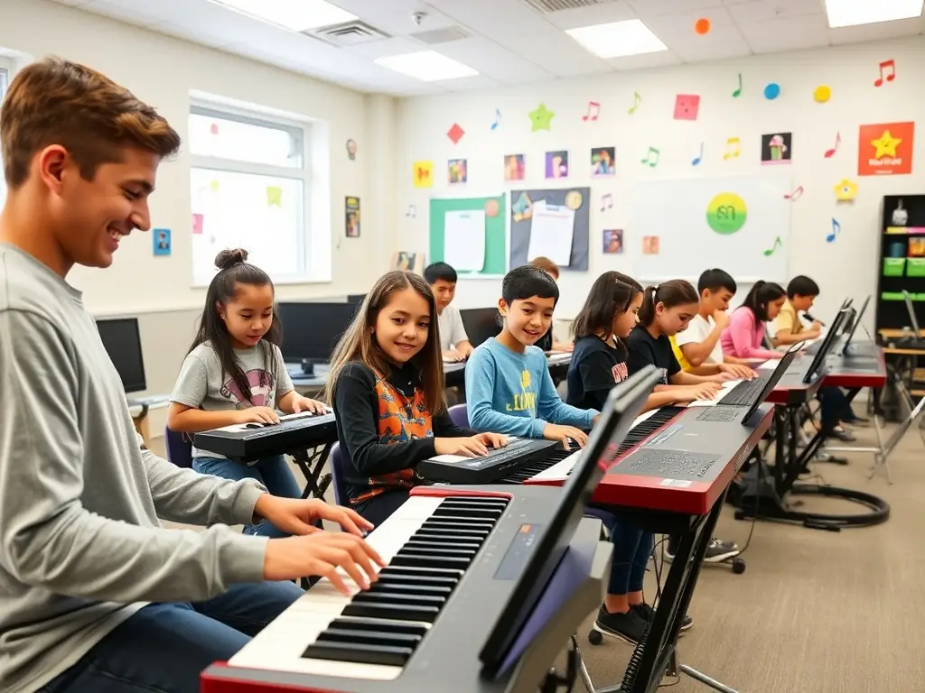 An image depicting a music workshop facilitated by HOLD INSIDE, with participants actively engaged in learning and creating music, highlighting the organization's commitment to music education.