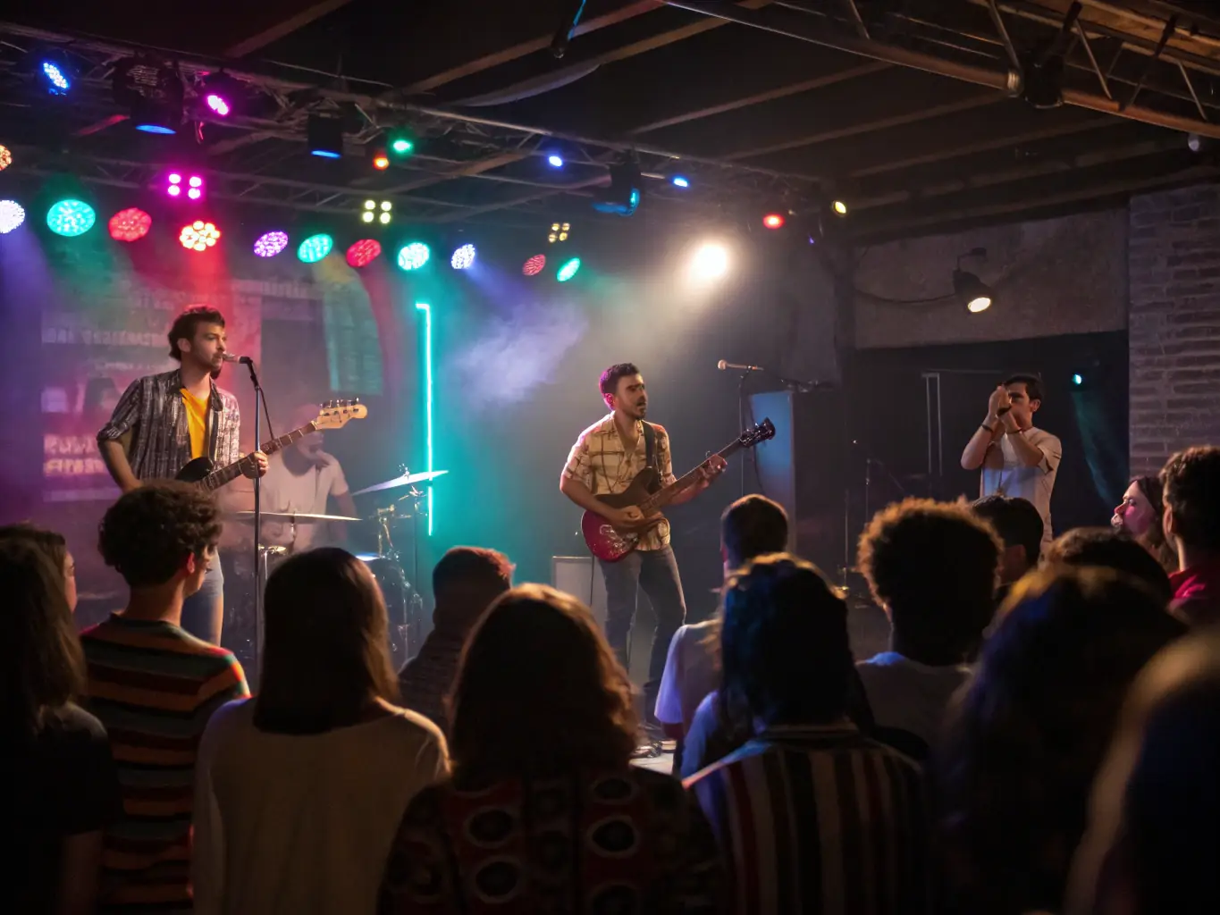 A dynamic image showcasing a live performance event organized by HOLD INSIDE, featuring local musicians captivating the audience with their talent and passion.