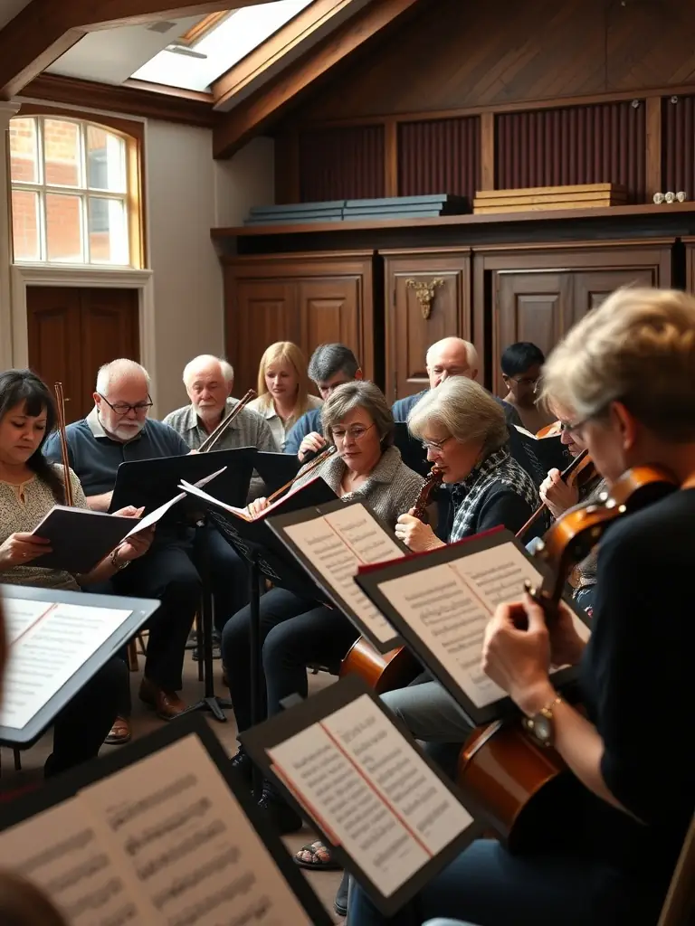 A group of young musicians participating in a music workshop facilitated by HOLD INSIDE, learning new skills and collaborating on a musical project.